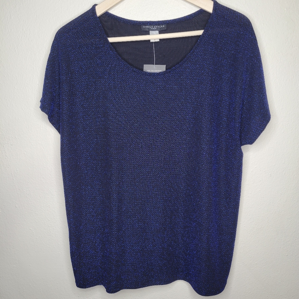 NWT Simply Styled Blue and Black Shimmer Pullover Blouse, Size M